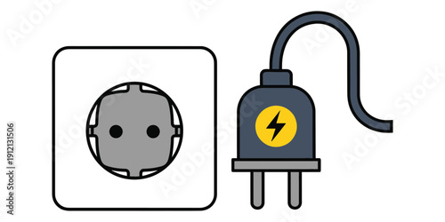 Electric plug and socket icon with lightning symbol on white background