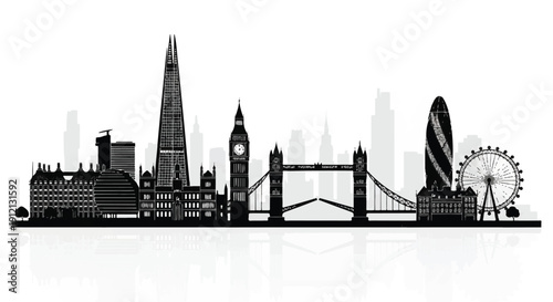 Illustrates London Skyline with Iconic Architecture in Bold Black‑White Reflections