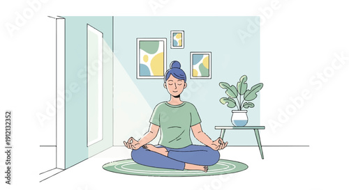 Man meditating on green rug in a peaceful minimalist room – serene photo