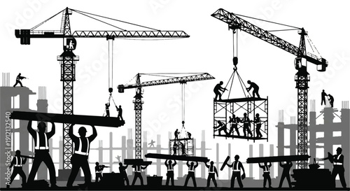 Busy Construction Site Illustration Showcasing Cranes, Workers, and Lifting Operations