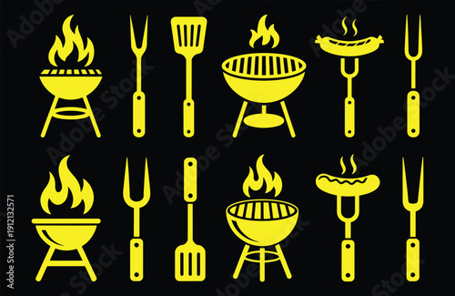 BBQ grill icon set. Barbecue, bar-b-q, spatula, grill fork, picnic, fire - stock vector.
