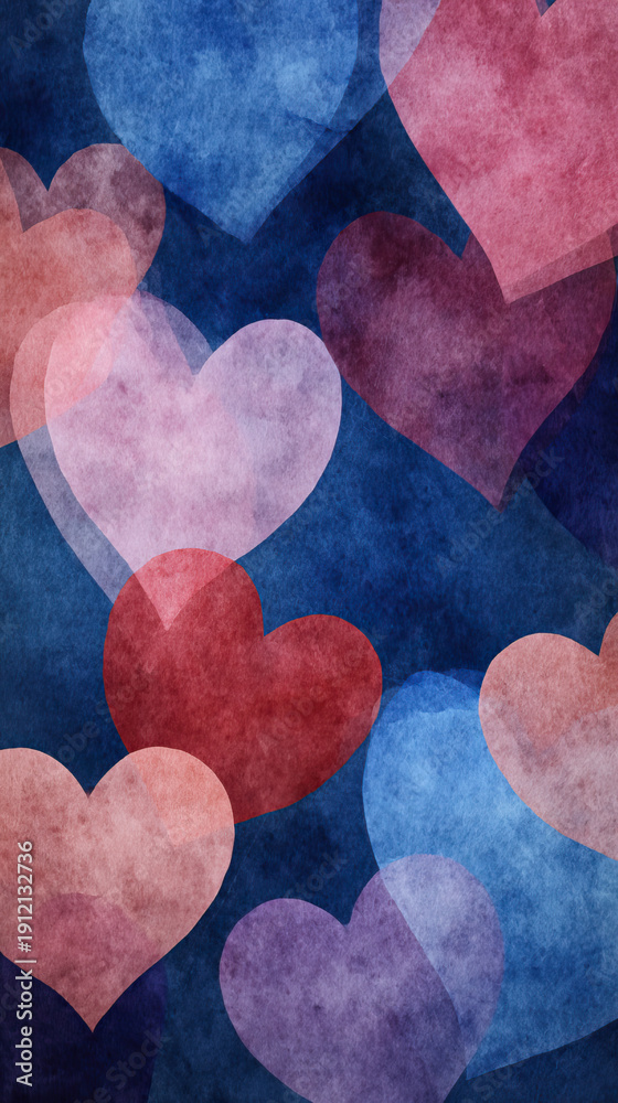 Fototapeta premium Watercolor heart shapes in red, pink, purple, and blue tones overlap on textured dark blue background, creating soft romantic and artistic pattern full of warmth and emotion