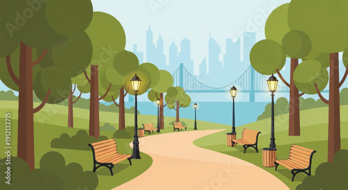 Winding Path, Benches, Lampposts Illuminate City Park from Riverside View in Photo