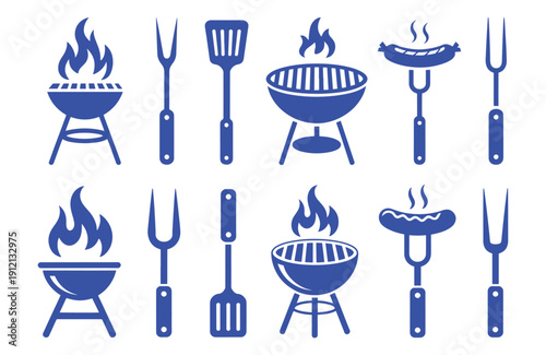 BBQ grill icon set. Barbecue, bar-b-q, spatula, grill fork, picnic, fire - stock vector.