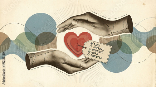 Protective hands surrounding layered heart with checklist tag showing rest, journal, connect, move, breathe for wellness and self care concept