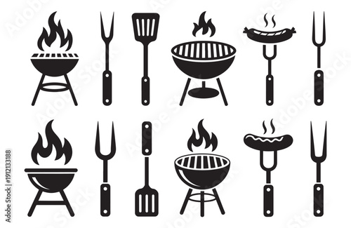 BBQ grill icon set. Barbecue, bar-b-q, spatula, grill fork, picnic, fire - stock vector.