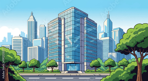 Vibrant cityscape illustration of a glass tower amid traditional buildings with streets and sky