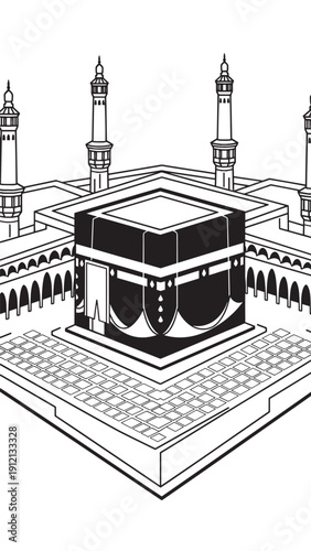 The Kaaba at Masjid al-Haram surrounded by minarets in a sacred courtyard.