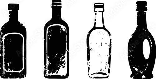 Four vintage glass bottles silhouettes with textured distressed worn effect