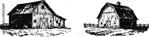 Rustic wooden barns with fences, countryside farm buildings in vintage black ink sketch