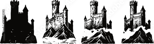 Medieval castle silhouette on rocky hill in black and white  illustration set