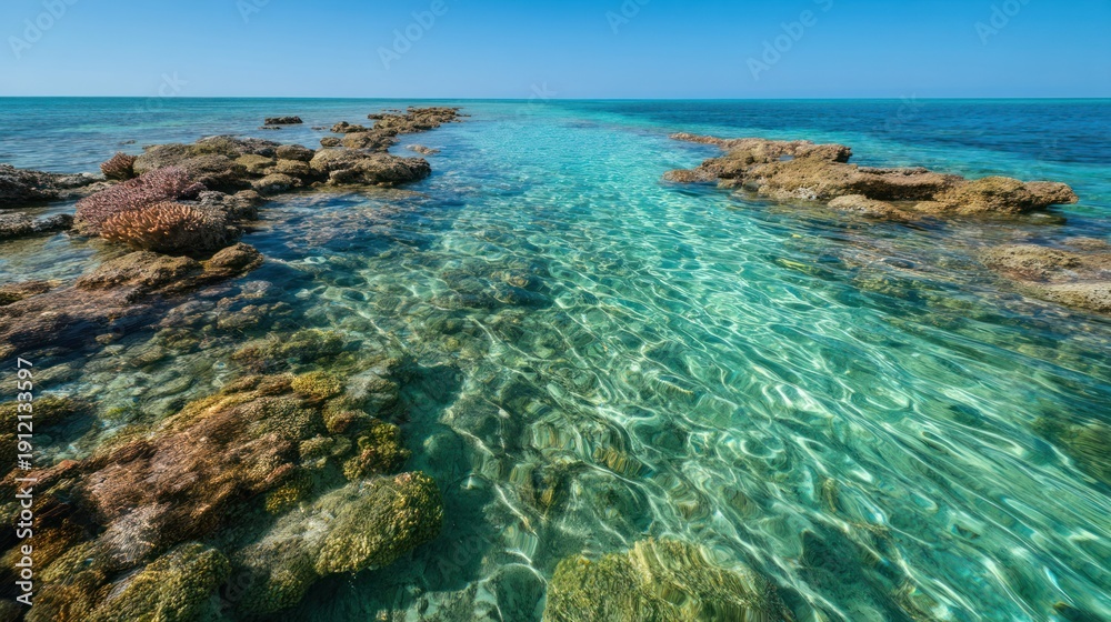 Fototapeta premium A serene, crystal-clear ocean with colorful coral formations and rocks, under a clear blue sky.