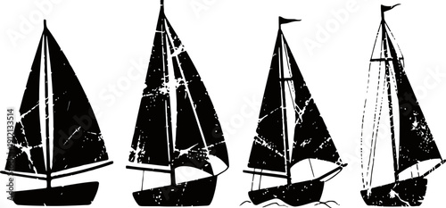 Four black vintage sailboat silhouettes with textured effect on white background