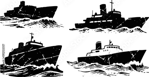 Vintage black ship silhouettes sailing rough ocean waves set, maritime vessel illustrations