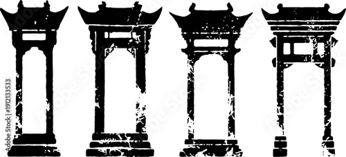 Four ancient chinese stone archways silhouettes with different traditional designs