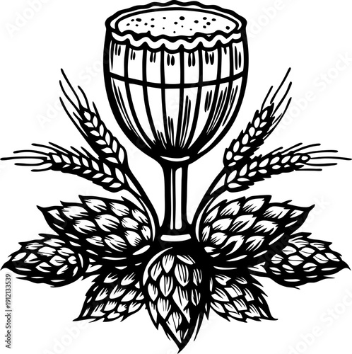 beer glass with foam and hops illustration with barley ears, beer brewing and craft beer concept