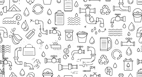 Seamless vector pattern featuring various black outline icons related to water, plumbing, and conservation, isolated on a clean white background.