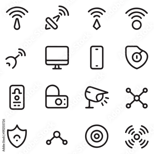 Internet and Network Technology Icon Set with Smart Home and Surveillance