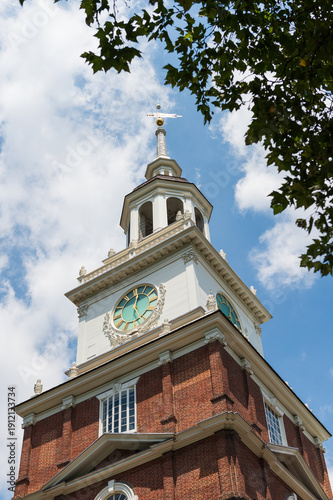 Philadelphia, Pennsylvania, USA - 23 July 2016 - a close-up of the clock tower of Independence Hall.