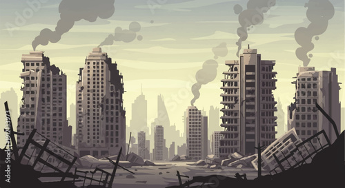 Desolate Cityscape with Smoky Skyscrapers and Wrecked Debris in Post‑Apocalyptic Ruins