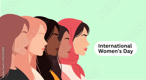 Diverse group of women with varying skin tones and hairstyles, including a woman wearing a hijab, depicted in a flat vector illustration for International Women's Day on a pale mint background.