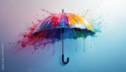 A modern artistic illustration of an umbrella with liquid paint and neon glow.