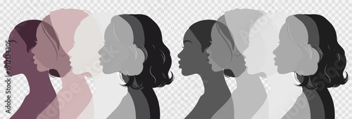 Vector illustration of diverse women's profile silhouettes in varying skin tones, from dark brown to light beige, isolated on transparent background.