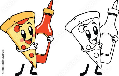 Cute Cartoon Pizza Slice and Ketchup Bottle Friends Hugging Food Character Duet