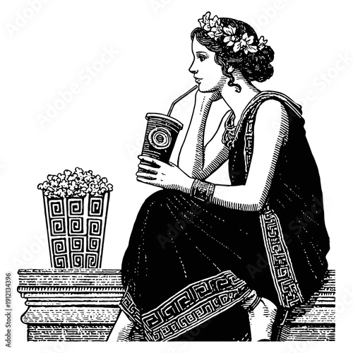 Ancient roman woman in black tunic drinks soda with popcorn basket, black ink on white background, vintage engraving sketch style vector illustration