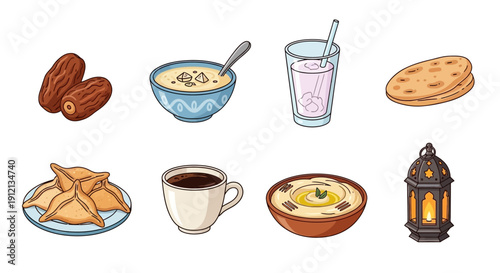 Assorted Middle Eastern cuisine and beverages, including dates, coffee, and traditional dishes, displayed on a clean white background from a straightforward viewpoint