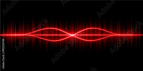A futuristic digital wallpaper featuring a red abstract background with glowing laser lines and a wave design that resembles a medical heartbeat ecg or a music equalizer sound graph