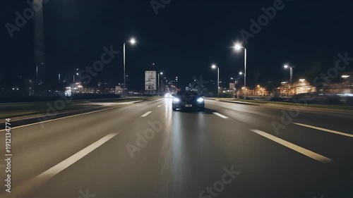 Fast car driving at night on urban asphalt road, cinematic city lights and motion blur, high speed automotive performance and modern metropolitan lifestyle concept.