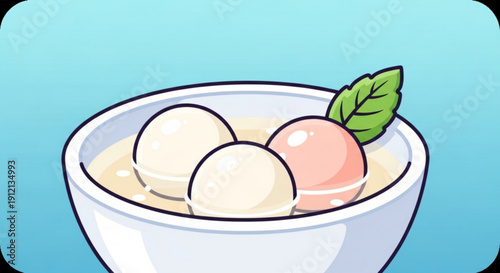 Tasty dessert bowl with mochi balls and green leaf on blue background sweet treat concept