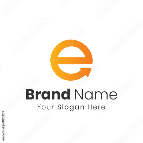 A circular orange 'E' letter with an integrated arrow element. brand identity logo design