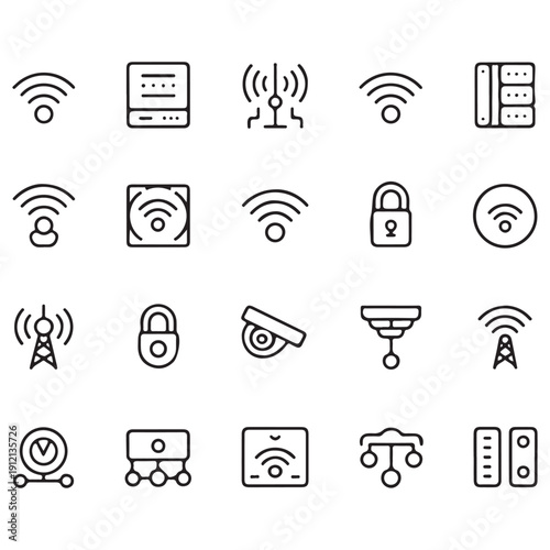 Internet and Network Technology Icon Set with Smart Home and Surveillance