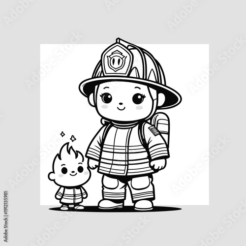 Adorable Firefighter Character with Small Companion Black and White Line Art.