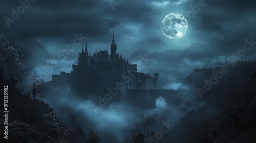 Dark gothic castle on a cliff edge surrounded by thick mystical fog