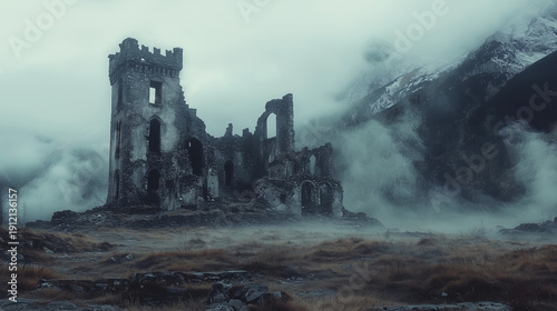 Ancient ruins of stone monastery in foggy mountain valley