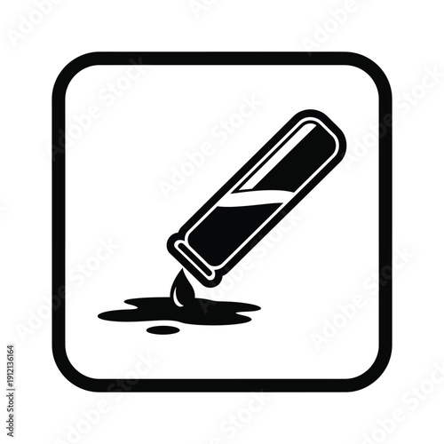 Black and white icon of a test tube tilted, spilling dark liquid onto a surface, enclosed in a rounded square frame.