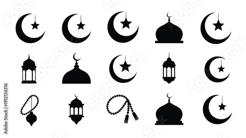 Eid ul fitr logo and silhouette bundle with crescent moon star mosque lantern and rosary icons in black on white background for festive greeting cards and ramadan celebrations