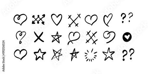 A collection of various symbols and icons including hearts, stars, and question marks. Vector