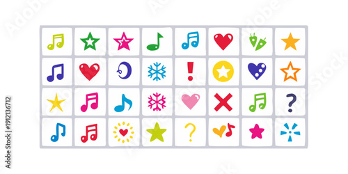 A vibrant collection of diverse icons featuring hearts, stars, and musical notes. Vector