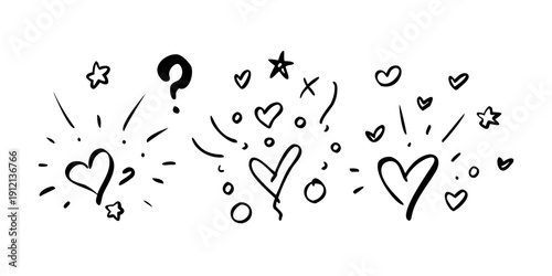 A whimsical illustration of hearts, stars, and question marks in a playful arrangement. Vector
