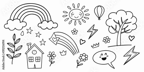 A whimsical illustration of various weather phenomena and natural elements. Vector