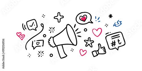 A vibrant illustration of various social media icons and symbols. Vector