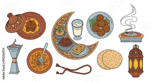 Illustration of traditional Ramadan items including food, drinks, and lanterns arranged decoratively on a white background