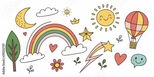 Vibrant and whimsical illustrations of hot air balloons, trees, and celestial bodies Vector