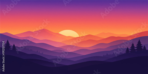 Majestic mountain peaks and a misty forest valley glow under a vibrant orange sky during a serene sunset and sunrise nature landscape