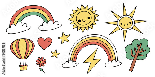 A vibrant and colorful illustration featuring various weather elements and objects Vector