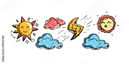 A vibrant illustration of various weather elements and natural phenomena Vector